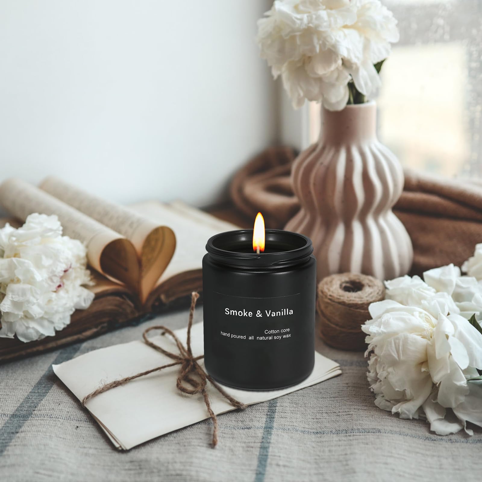 Scented Candle for Home Scented,Spring Candles,Black Jar Candle,Natural Soy Wax,Long Lasting Burn Candles,Holiday Candle,for Men & Women Candles Gifts,7oz 50Hour Burn (Smoke & Vanilla, 7OZ, Black)