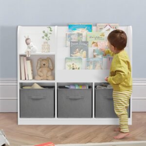 BAOMKONG Kids Bookcase and Bookshelf, Multi Shelf Cubby with 3 Collapsible Fabric Drawers, Children's Book and Toy Display Rack, Toy Storage Organizer for Bedroom, Playroom, Hallway, White + Grey