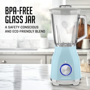 OVENTE Countertop Kitchen Blender with 550 Watts, Stainless Steel Blades, 4 Speed Settings, 50oz Glass Jar for Shakes, Smoothies, Purees, Crushed Ice, Frozen Drinks, Sauces, & More, Blue BLH2604LBL