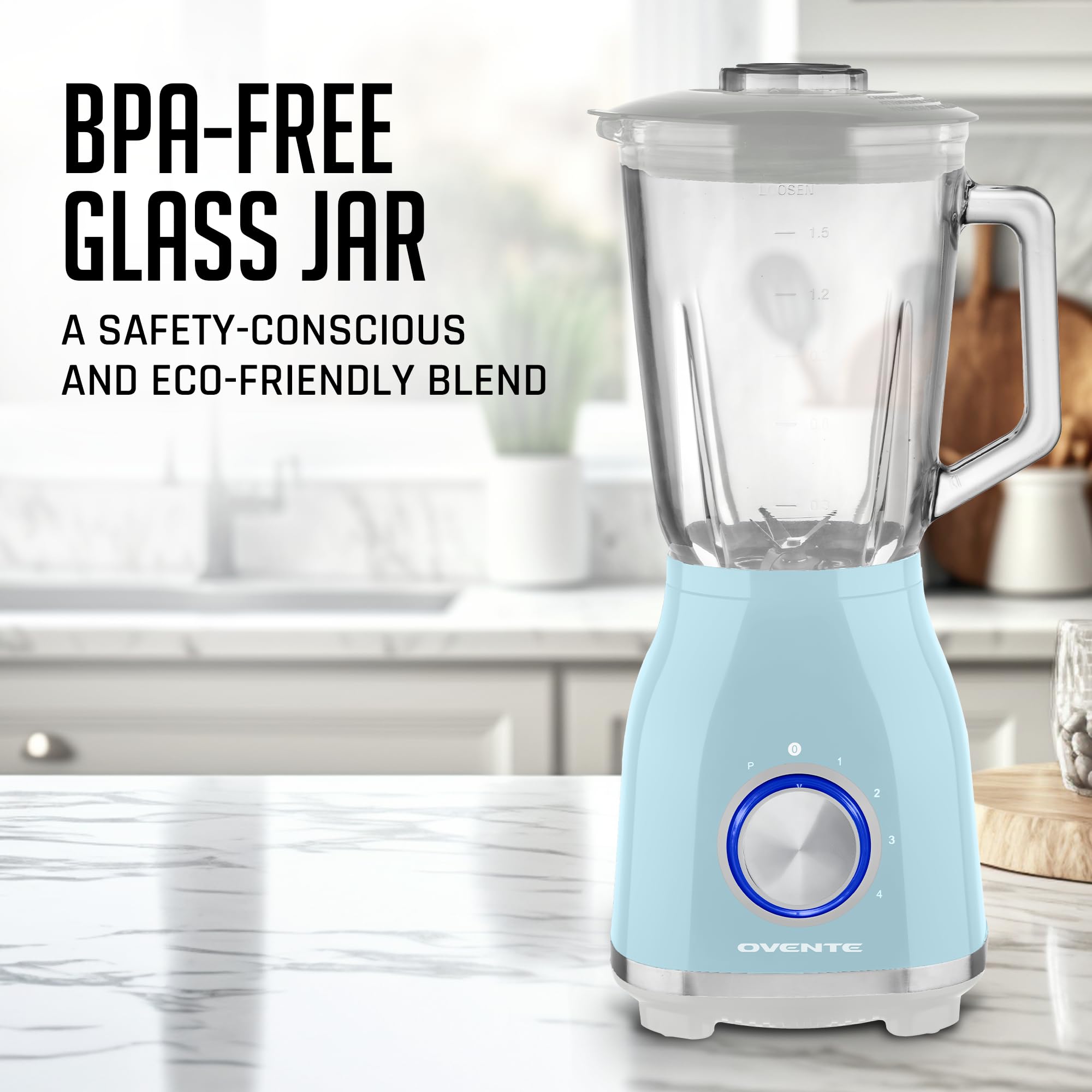 OVENTE Countertop Kitchen Blender with 550 Watts, Stainless Steel Blades, 4 Speed Settings, 50oz Glass Jar for Shakes, Smoothies, Purees, Crushed Ice, Frozen Drinks, Sauces, & More, Blue BLH2604LBL