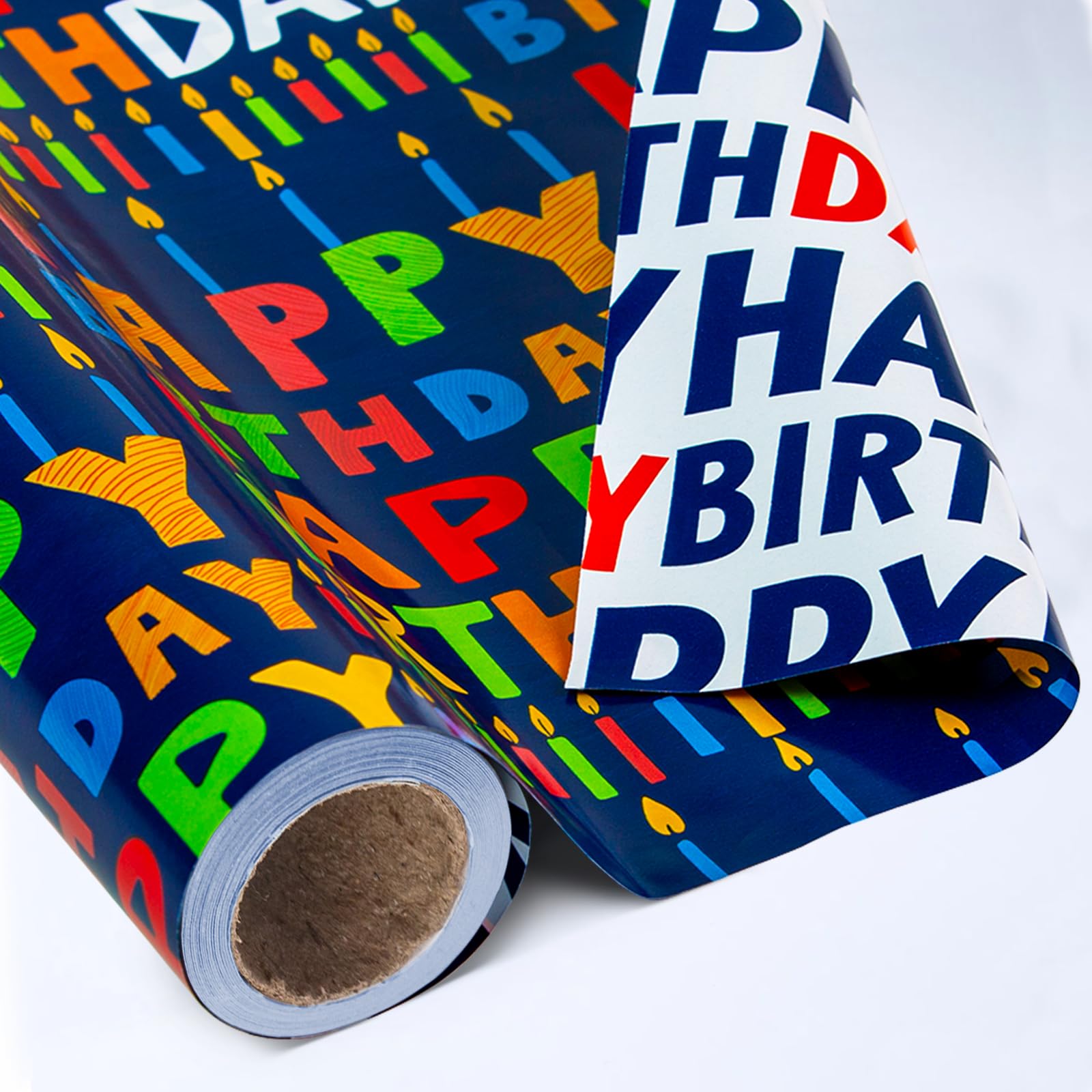 Reversible Birthday Wrapping Paper Roll - 17 Inch X 33 Ft(46.8 Sq.Ft.Ttl) - Creative Colorful Happy Birthday Lettering & Candle Navy Blue Gift Wrap Paper for Birthday, Party, Baby Shower & Holiday