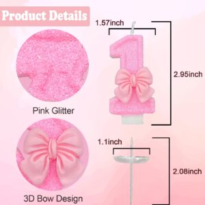 Pink Number 1 Candle for Girl Birthday Party Decorations, Girl 1st Birthday Party Decorations Supplies, 3D Bow Designed Pink Number Candles for Birthday Cake Topper Decorations (Pink 1 Candle)