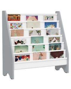 choezon 6-tier kids bookshelf, kids sling bookcase, magazine and book storage rack, large capacity book organizer, book shelf for kids room, bedroom, nursery, playroom, white and gray mcw07wg