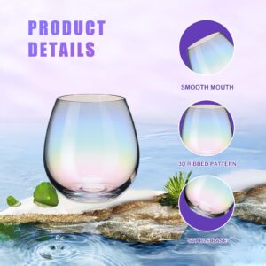 CUKBLESS Stemless Wine Glasses Set of 4, Iridescent Wine Glass for Red or White Wine, 15 OZ