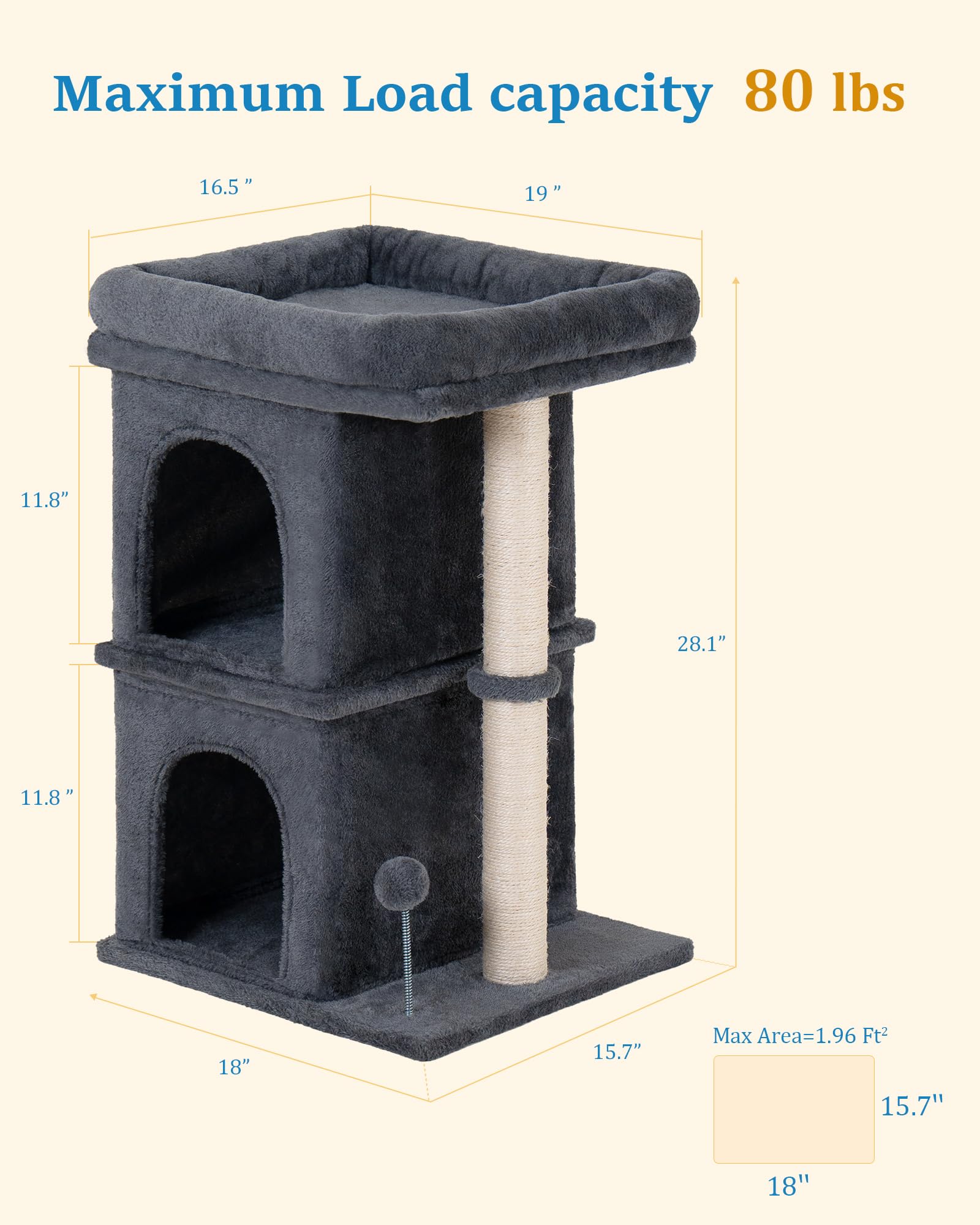 Aechonow Cat Tree for Large Cat, 19 * 16.5In Large Cat Perch, Adult Cat Tower for Indoor Cats with 24In Long Scratching Post, 2 Cozy Cat Condo House for Adult & Fat Cats, Dark Gray