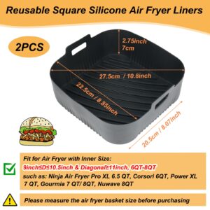 BYKITCHEN 9 Inch Square Silicone Air Fryer Liners for 6 to 8QT, Set of 2, Reusable Silicone Air Fryer Tray Insert, Air Fryer Accessories for Corsori 6QT, Ninja Air Fryer Pro XL 6.5QT, Gourmia & More