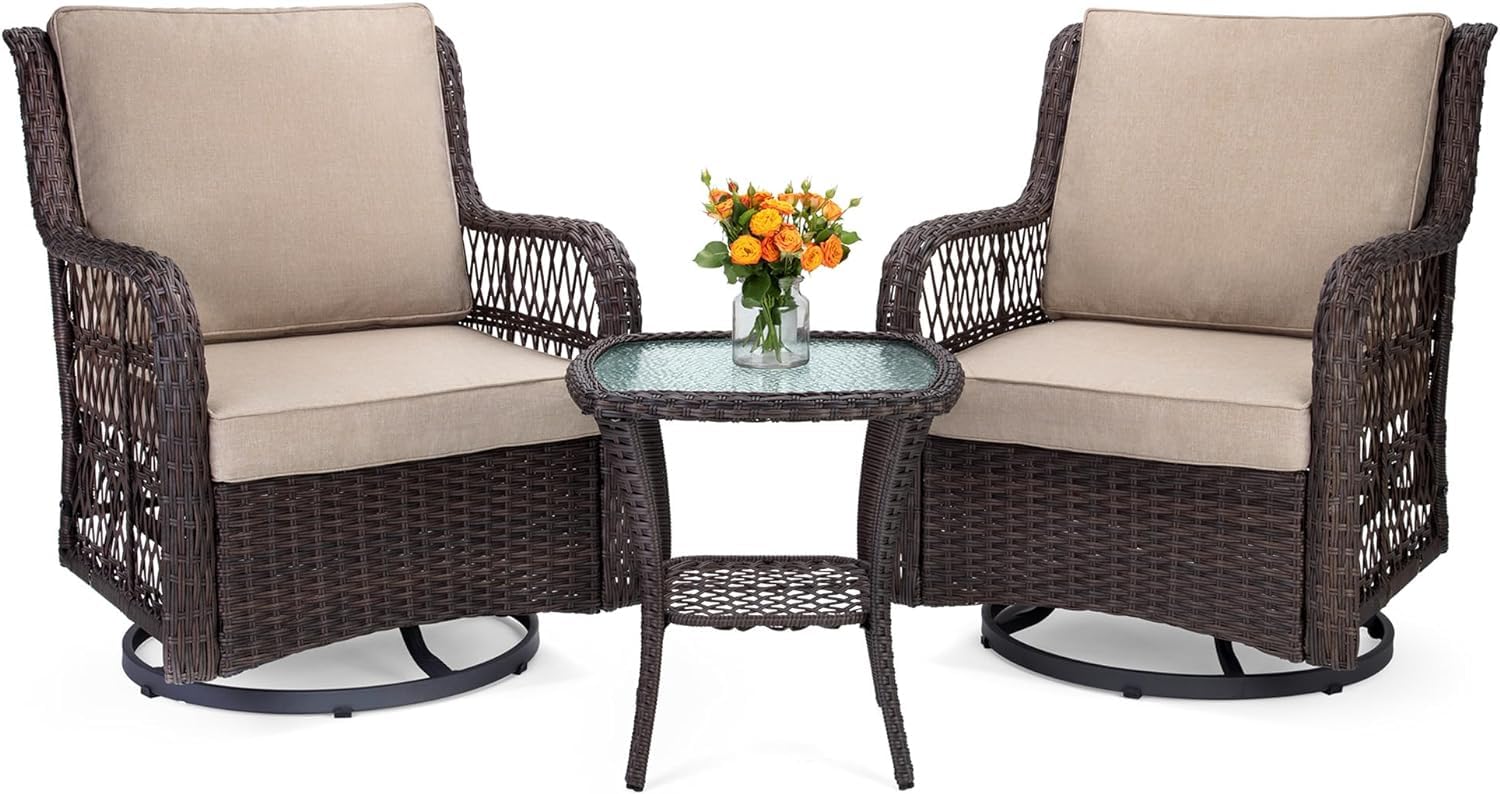 Rocking Swivel Chair, Outdoor Rattan Chairs Set with Side Table and Cushions, Patio Conversation Furniture Set 3 Piece for Outside Porch Deck Balcony Garden Backyard