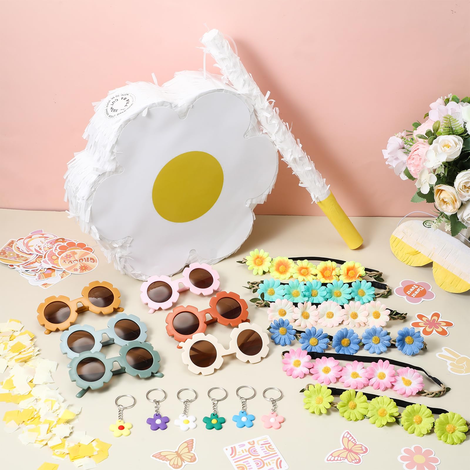 Saysurey Groovy Daisy Flower Favors Including Retro Hippie Groovy piñata Set Retro Flower Sunglasses Daisy Headbands Groovy Boho Stickers Keychains for Kids Hippie Party Gifts Baby Shower Birthday