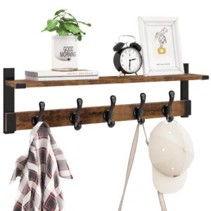 homode coat rack wall mount, 29 inch long shelf with hooks, wood entryway shelf with 5 hangers for hanging hat jacket backpack purse, rustic brown black