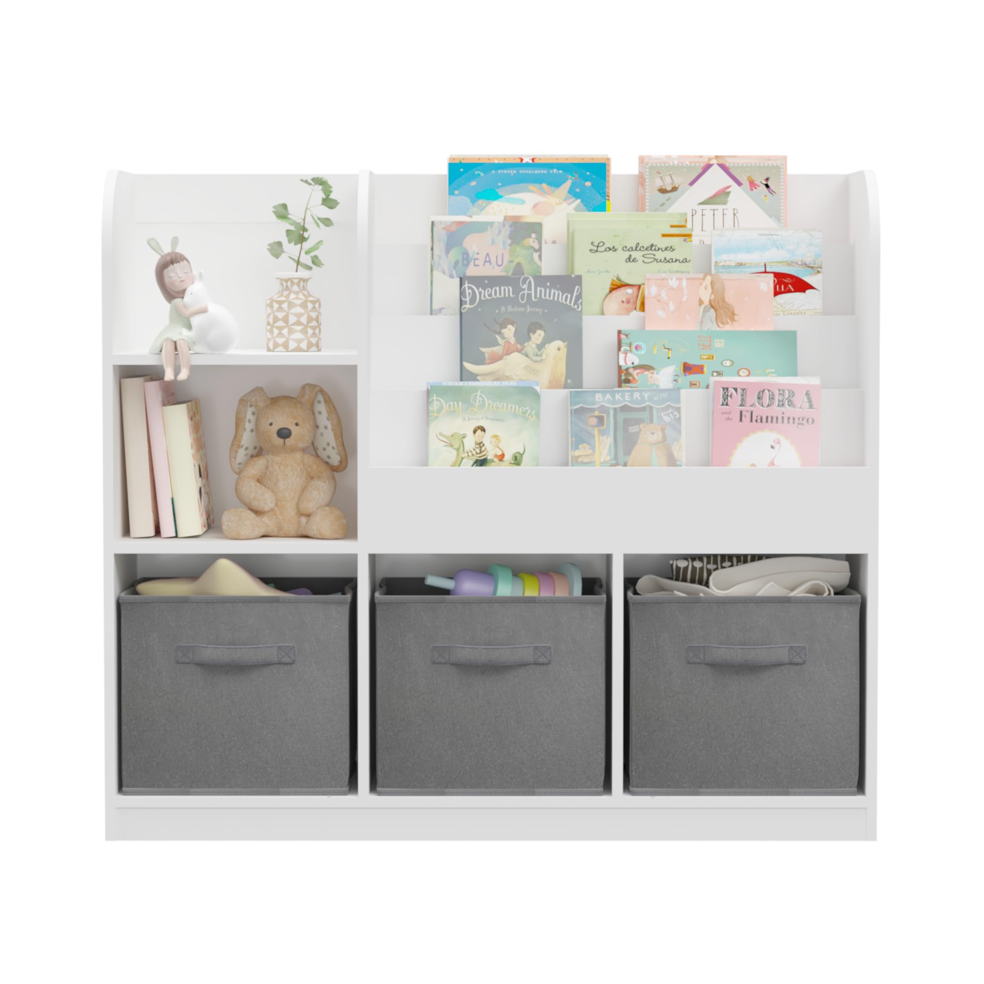 BAOMKONG Kids Bookcase and Bookshelf, Multi Shelf Cubby with 3 Collapsible Fabric Drawers, Children's Book and Toy Display Rack, Toy Storage Organizer for Bedroom, Playroom, Hallway, White + Grey