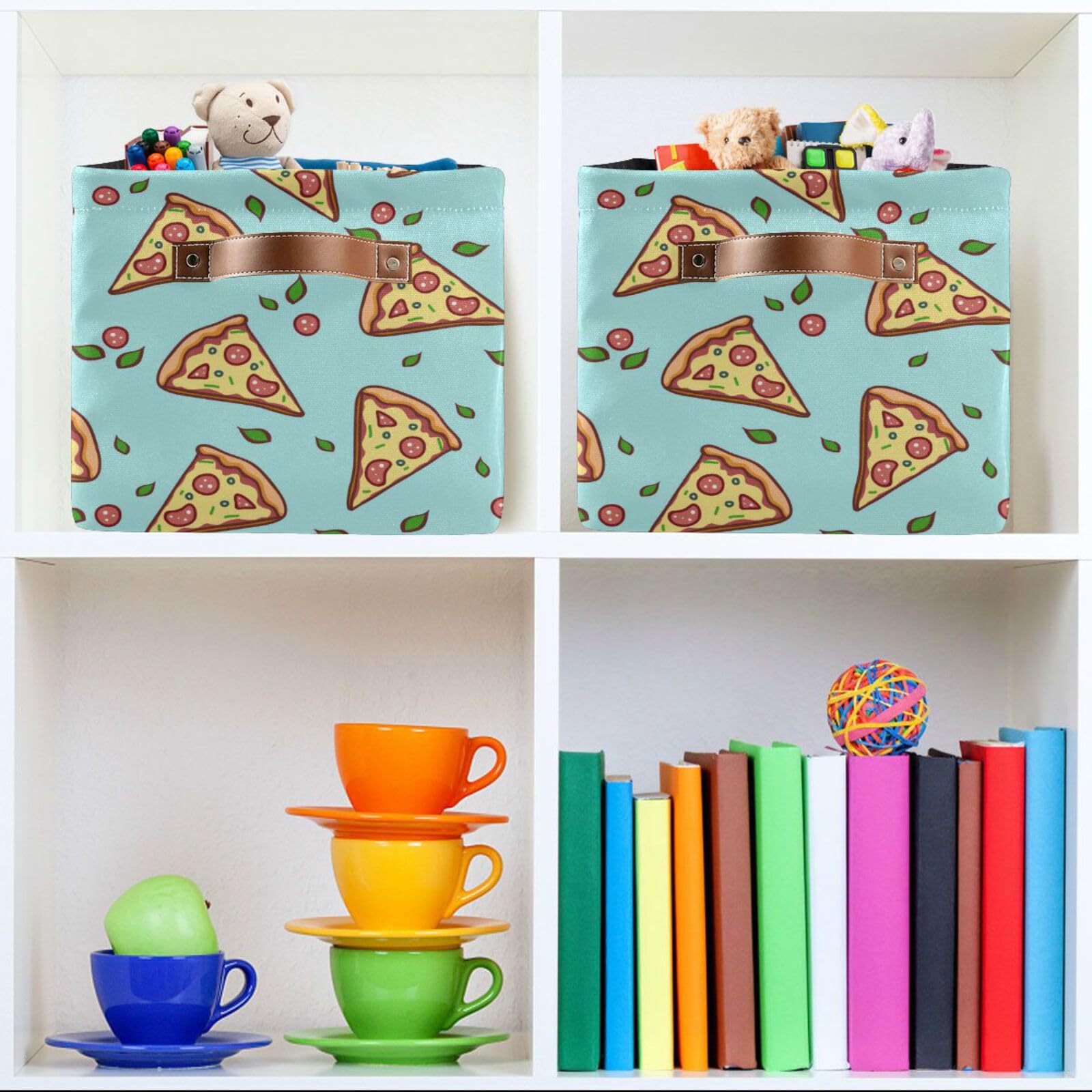 KEEPREAL Doodle Pizza Storage Baskets,Decorative Collapsible Rectangular Canvas Fabric Storage Bin for Home,2 Pack