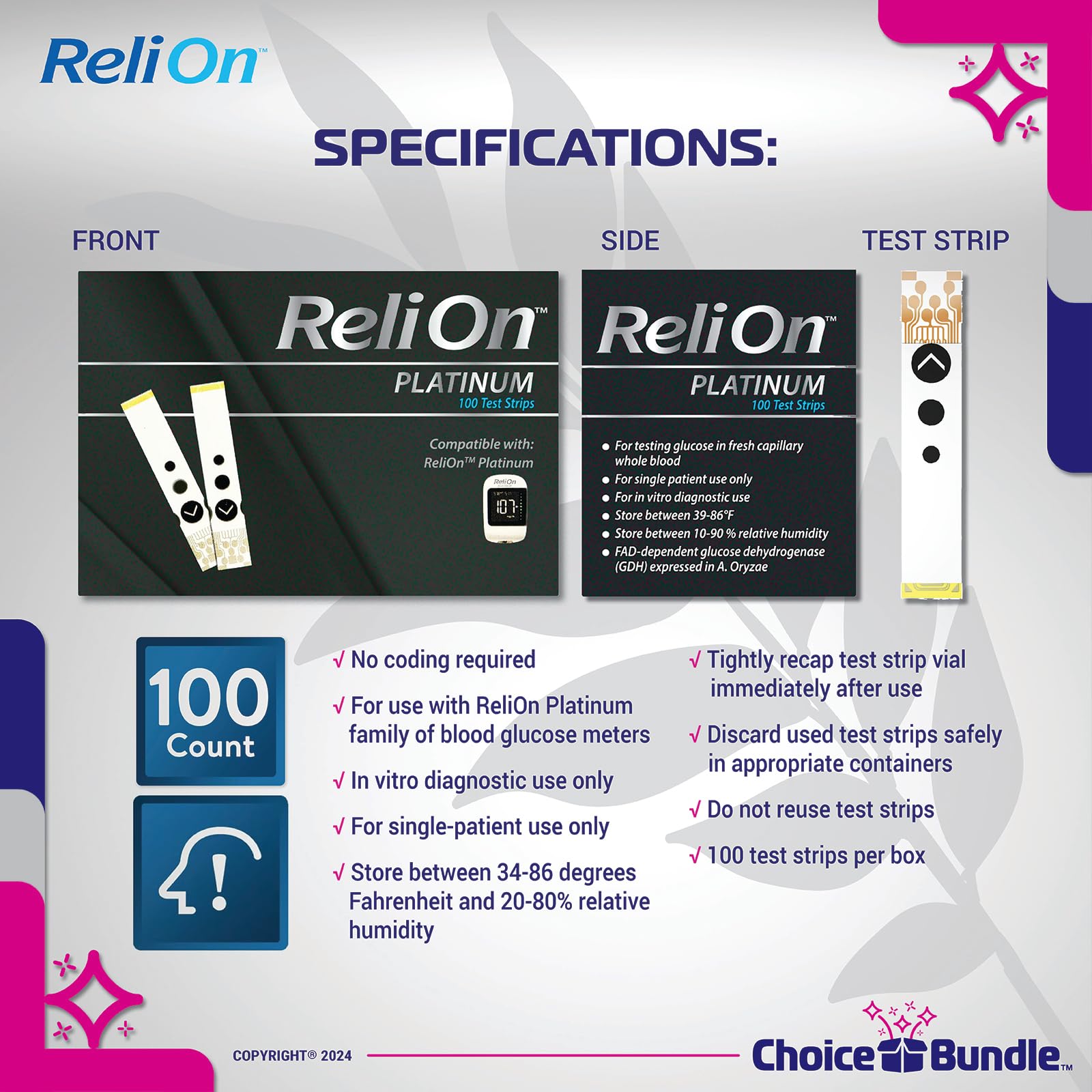 ReliOn Reli On Platinum Blood Glucose Test Strips 100 Ct Choice Bundle | Includes Food for Life Guide & Portable Pill Container (3 Items)!