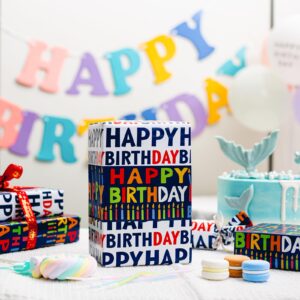 Reversible Birthday Wrapping Paper Roll - 17 Inch X 33 Ft(46.8 Sq.Ft.Ttl) - Creative Colorful Happy Birthday Lettering & Candle Navy Blue Gift Wrap Paper for Birthday, Party, Baby Shower & Holiday