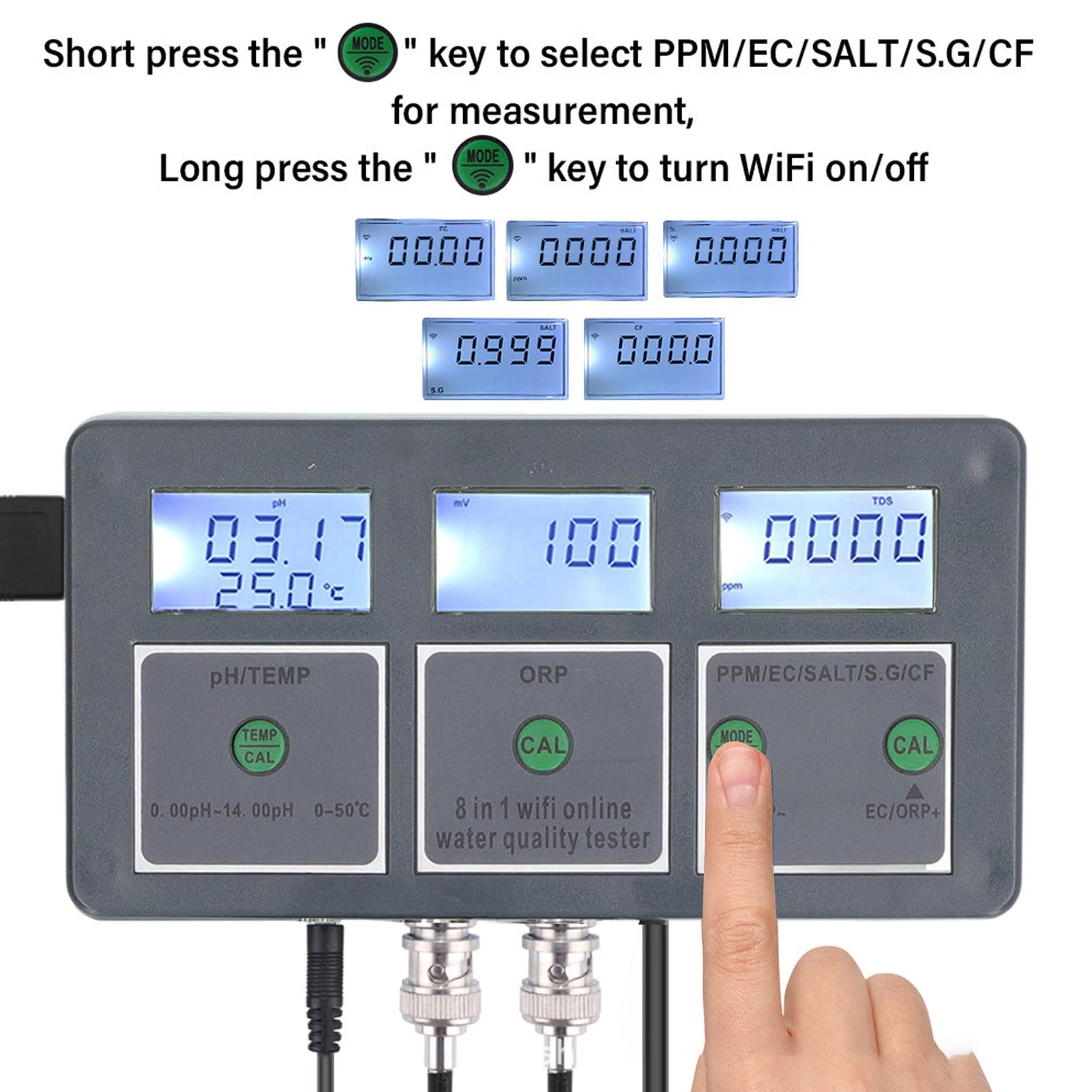 8 in 1 Water Quality Tester, S.G EC Salt ORP CF Temp, Online Monitor for Aquariums, Hydroponics, Labs (US Plug 110V)