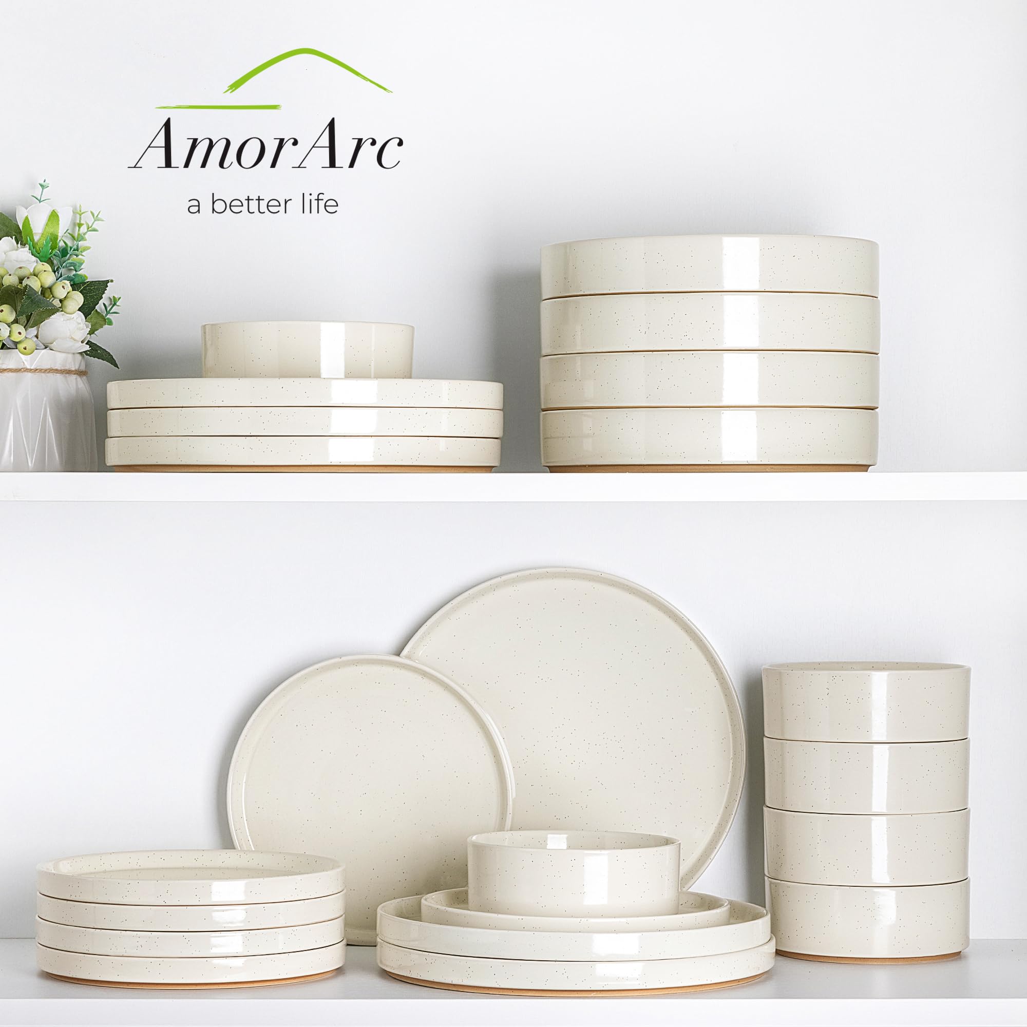 AmorArc Ceramic Dinnerware Set for 4 | Speckled Stoneware Plates and Bowls with unglazed terracotta | Scratch Resistant, Dishwasher & Microwave Safe Dishes Sets- 12-Pcs Beige