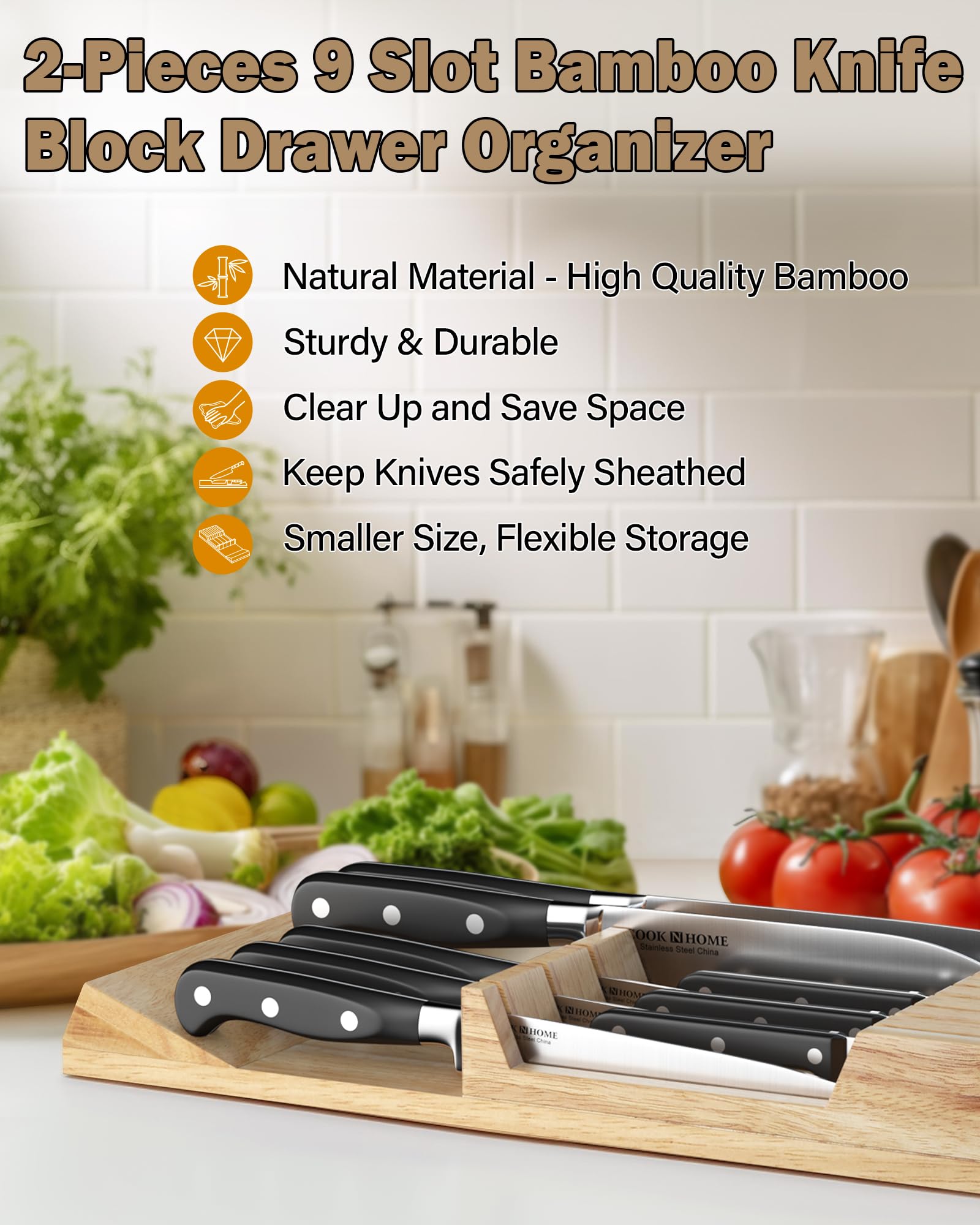 Cook N Home In-Drawer Knife Block Organizer 18-slot, (2pc 9-Slot) Kitchen Knife Cutlery Holder Drawer Storage, Holds up to 18 Knives (Not Included)