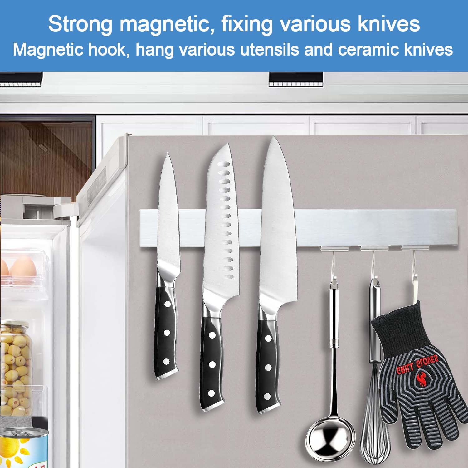 HomeSimplex 16 Inch Magnetic Knife Holder for Refrigerator - Knife Magnetic Strip for Fridge with Magnetic Hooks - Double Sided Magnetic Knife Bar - Stainless Steel Kitchen Magnetic Knife Hanger Rack