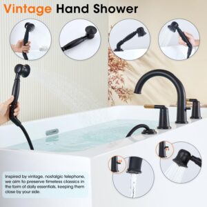 Wintap Black & Rose Gold Roman Bathtub Faucet Set with Hand Shower & Brass Valve Widespread Deck Mount 4 Hole High Flow Tub Faucets