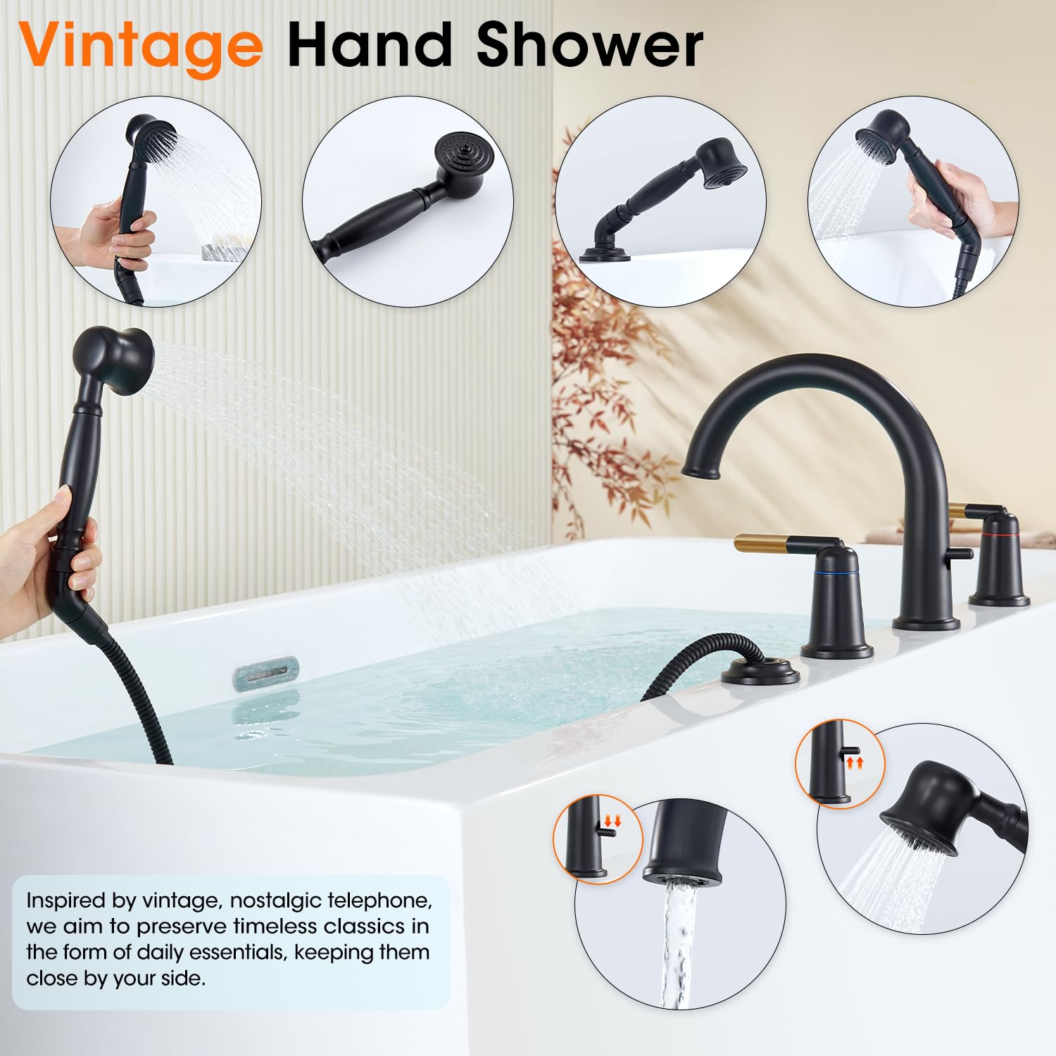 Wintap Black & Rose Gold Roman Bathtub Faucet Set with Hand Shower & Brass Valve Widespread Deck Mount 4 Hole High Flow Tub Faucets