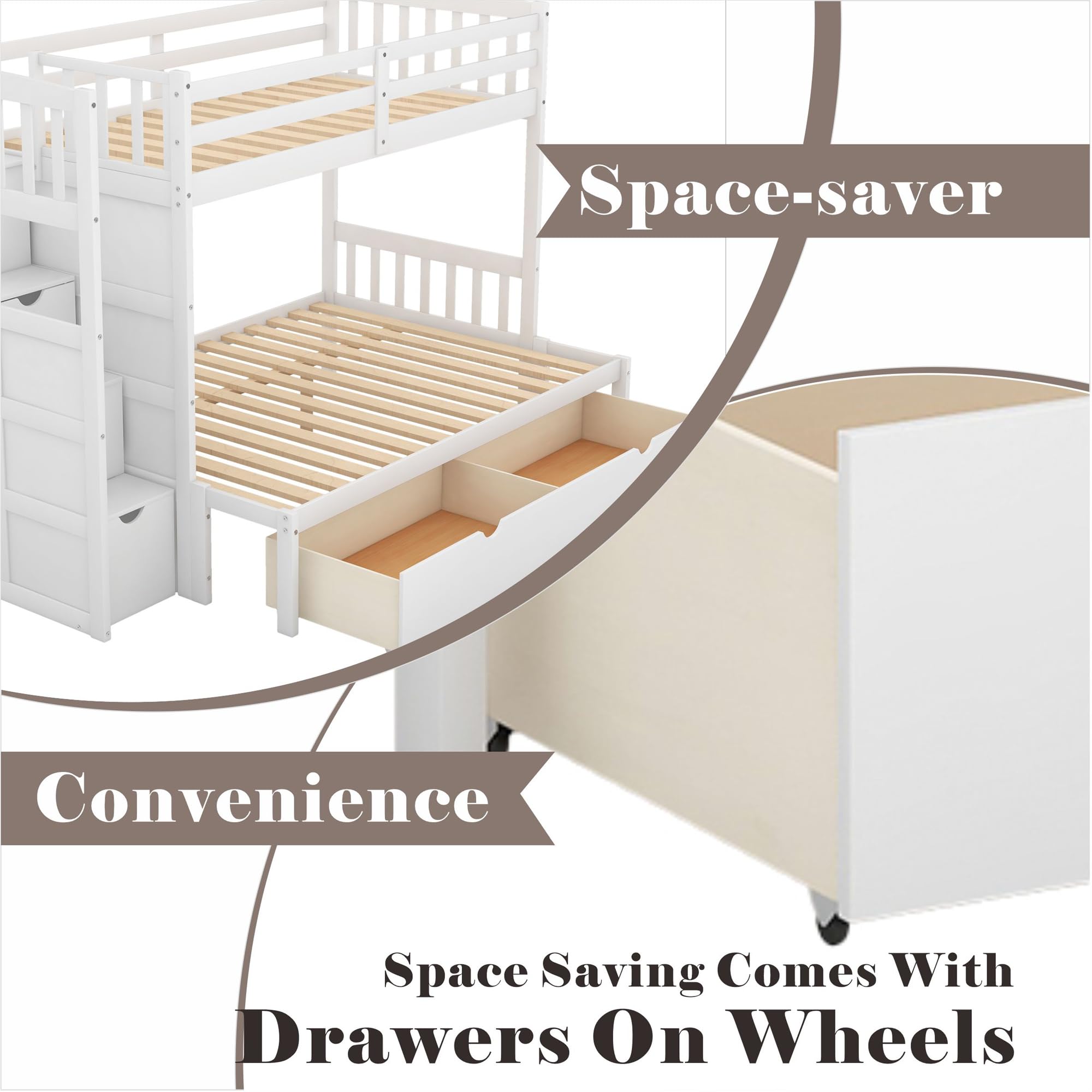 SOFTSEA Bunk Bed Twin Over Full with Drawers, Twin Over Twin Bunk Bed Frame with Storage Cabinet for Kids, No Box Spring Needed(White)