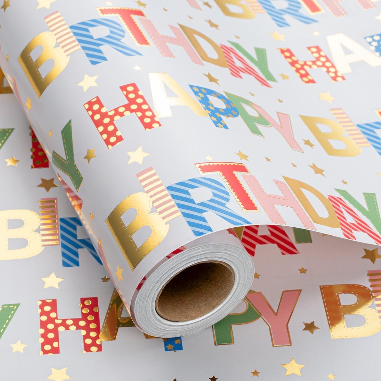 Merture Colorful Wrapping Paper Roll, Happy Birthday Gift Wrap - 17 In X 32.8 Ft - 1 Roll (46.5 sq.ft.ttl.) Foil Happy Birthday Lettering & Candles Wrapping Paper for Birthday, Baby Shower, Party