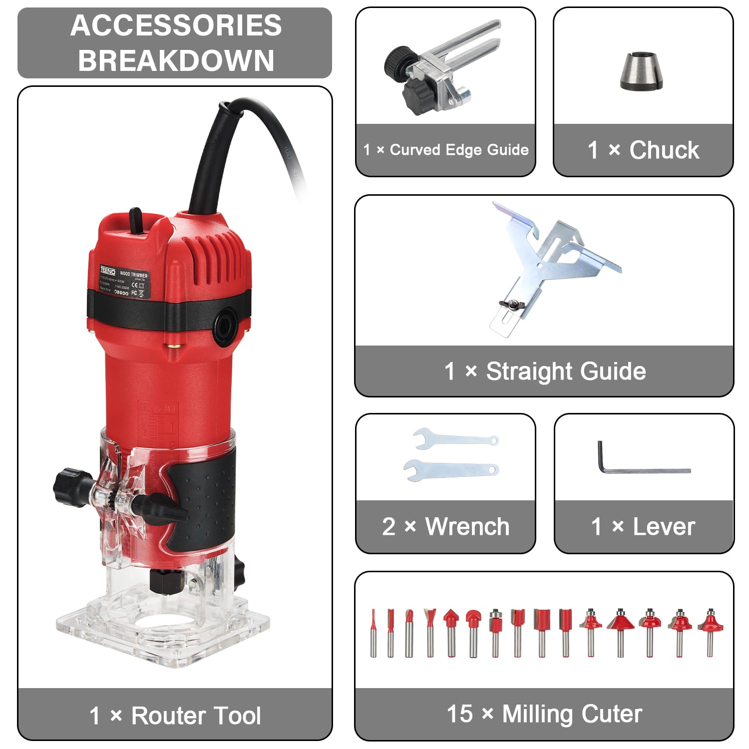 TEENO Wood Router, 800W Compact Router Tools for Woodworking, 31000 RPM Hand Trim Router with 15 Pcs 1/4" Router Bits Set, Edge Guide, Roller Guide