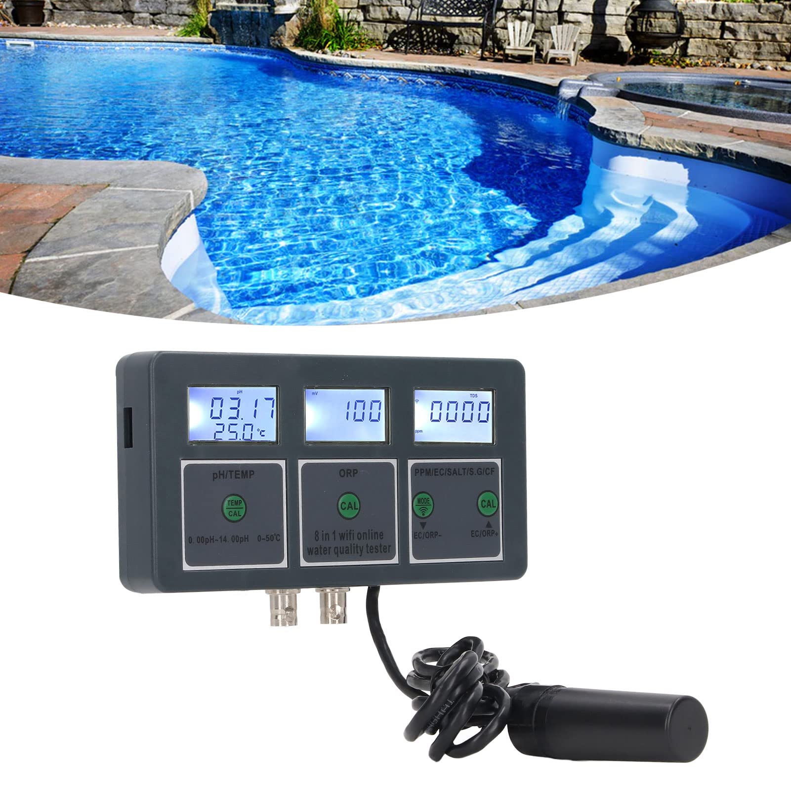 8 in 1 Water Quality Tester, S.G EC Salt ORP CF Temp, Online Monitor for Aquariums, Hydroponics, Labs (US Plug 110V)