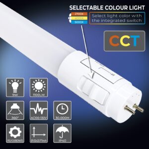 LED ATOMANT 4 Pack 3CCT 2FT LED T8 Type B Light Tube 9W 1100 Lumens, 2700K/4000K/5000K Selectable, Ballast Bypass, Double Ended Connection, Frosted Cover