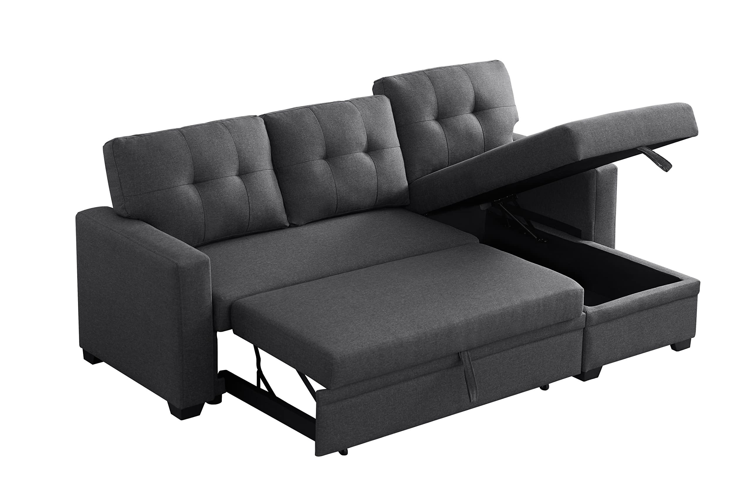 ACQCA 82" L-Shape Sleeper Sectional Sofa with Storage Chaise and Pull-Out Bed,Convertible Couch for Living Room,Apartment,Office,Dark Gray