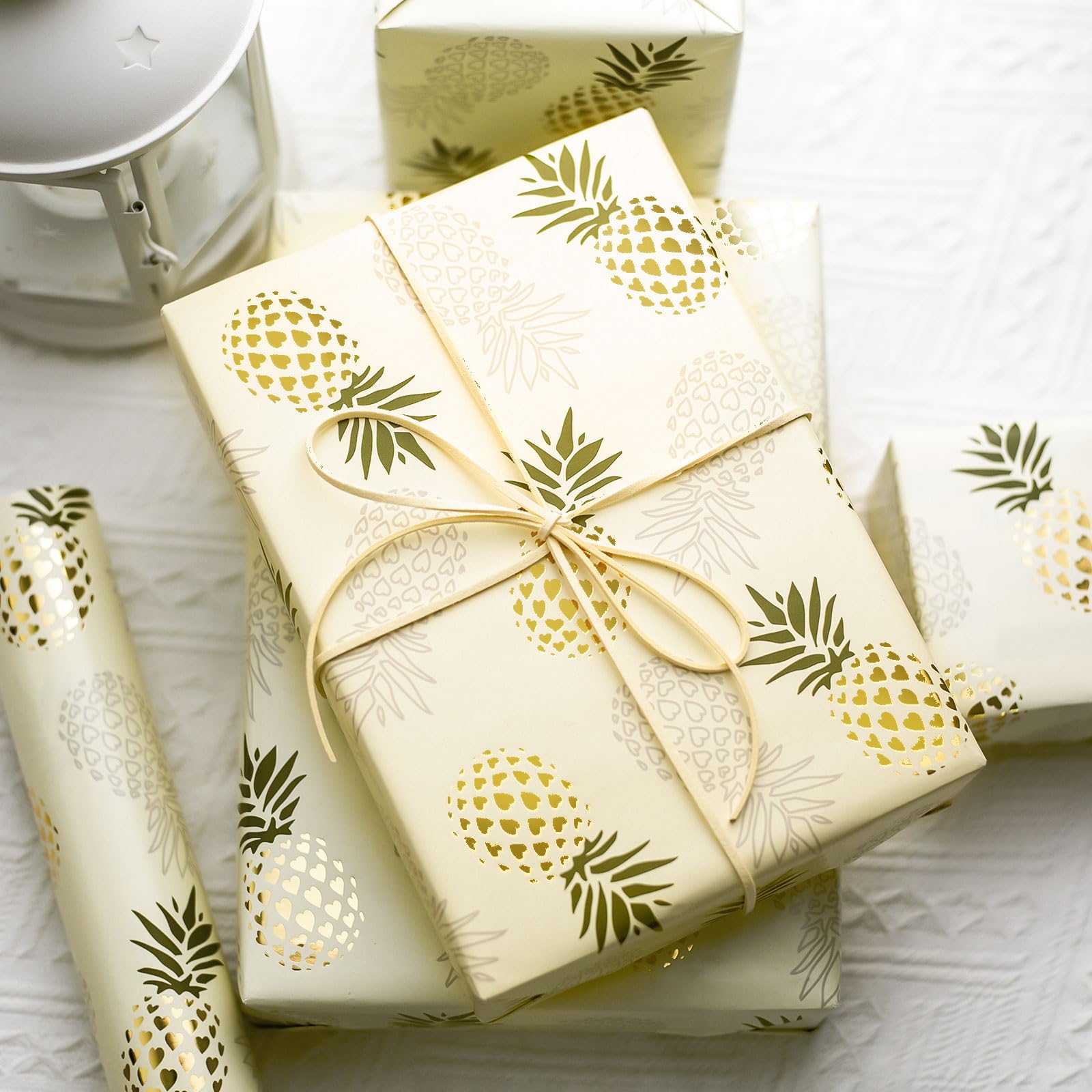 Garbendy Pineapple Wrapping Paper Roll - Gold Foil Design with Cut Lines for Birthdays, Holidays, Weddings, Baby Showers - 17" x33ft