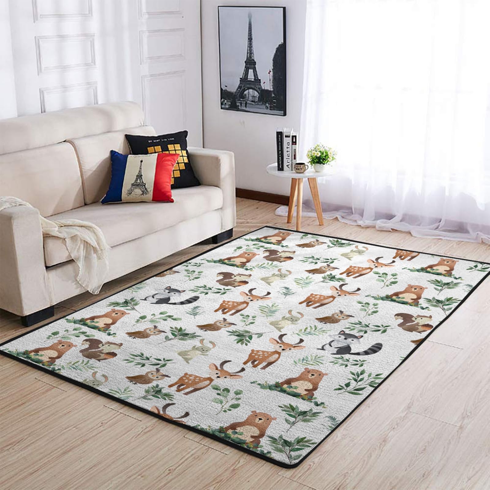 Baby Woodland Animals Green Leaves Area Rugs Bear Deer Owl Bunny Raccoon Squirrel Boho Leaf Throw Mat Floor Carpet Bath Mat for Toddler Nursery Bedroom Nursery Bathroom Living Room Kitchen 20x32inch