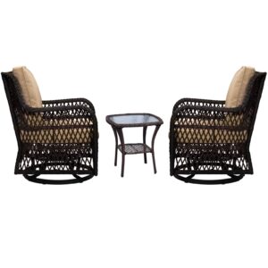 Rocking Swivel Chair, Outdoor Rattan Chairs Set with Side Table and Cushions, Patio Conversation Furniture Set 3 Piece for Outside Porch Deck Balcony Garden Backyard