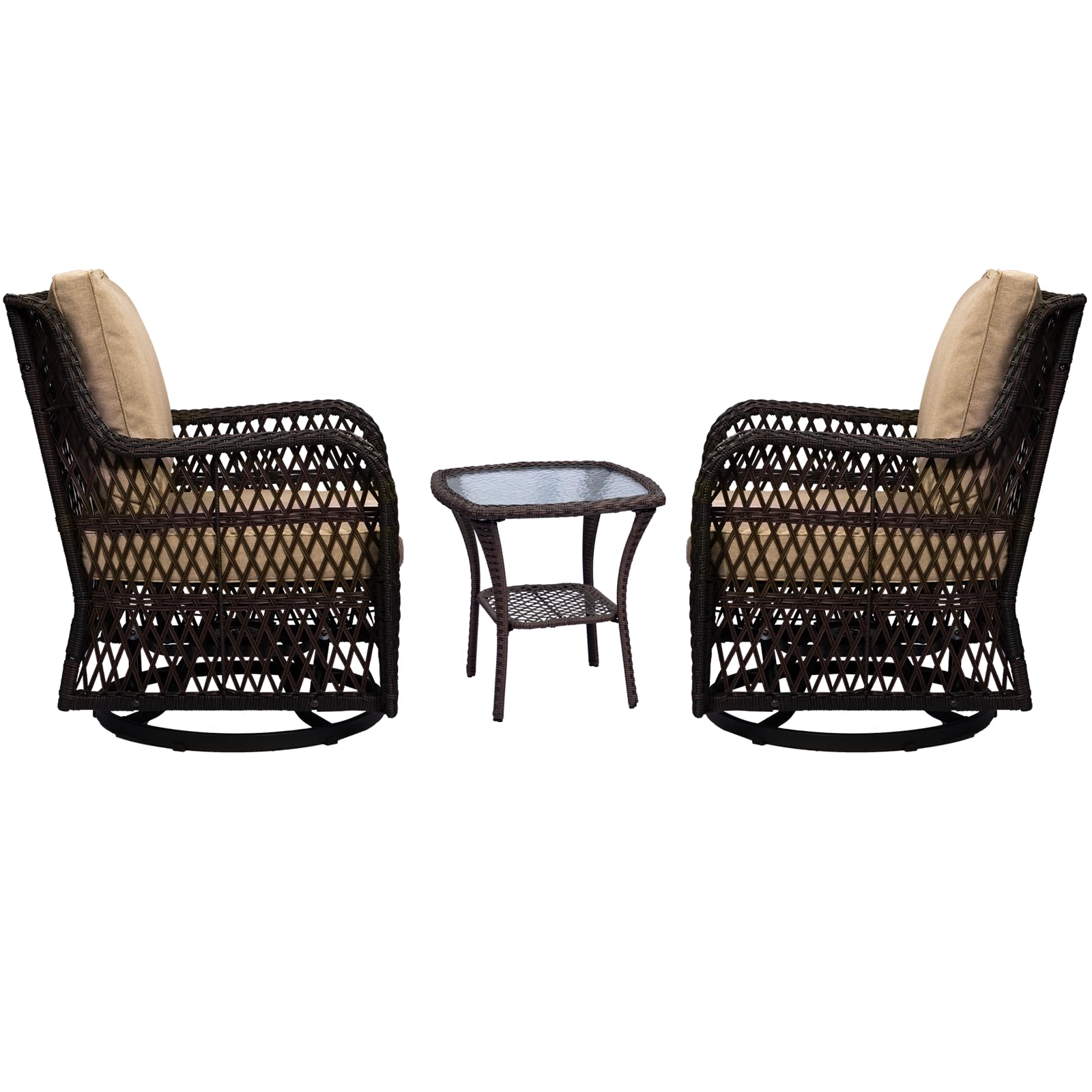 Rocking Swivel Chair, Outdoor Rattan Chairs Set with Side Table and Cushions, Patio Conversation Furniture Set 3 Piece for Outside Porch Deck Balcony Garden Backyard