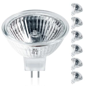 jaenmsa mr16 halogen bulbs 50w,6 pack 12v 50w mr16 light halogen bulbs 2 pin gu5.3 base dimmable with clear glass cover,high output 2700k warm white mr16 light bulb for landscape lights, track lights