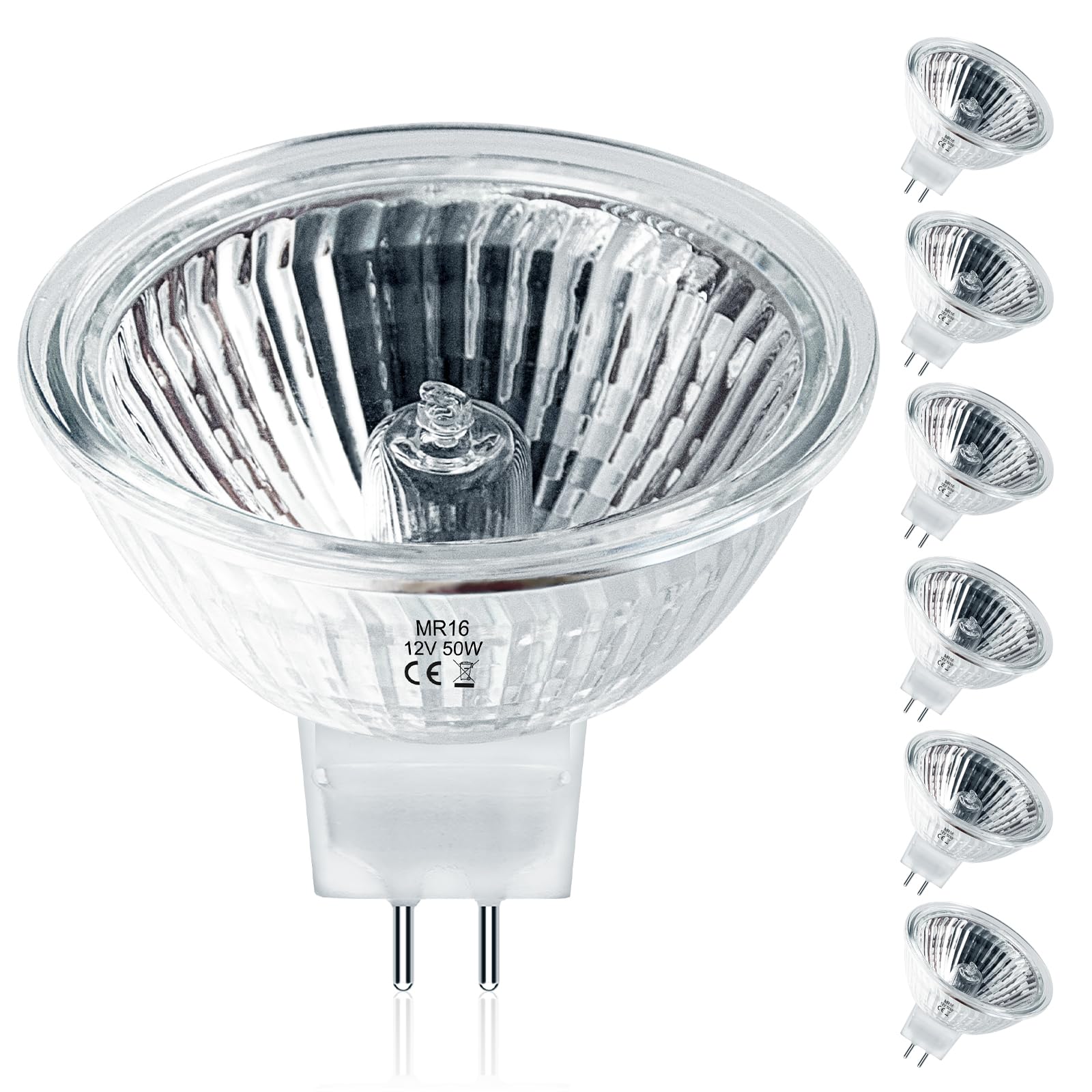 Jaenmsa MR16 Halogen Bulbs 50W,6 Pack 12V 50W MR16 Light Halogen Bulbs 2 Pin GU5.3 Base Dimmable with Clear Glass Cover,High Output 2700K Warm White MR16 Light Bulb for Landscape Lights, Track Lights