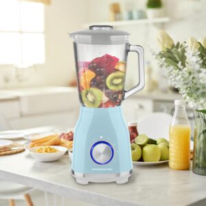 OVENTE Countertop Kitchen Blender with 550 Watts, Stainless Steel Blades, 4 Speed Settings, 50oz Glass Jar for Shakes, Smoothies, Purees, Crushed Ice, Frozen Drinks, Sauces, & More, Blue BLH2604LBL