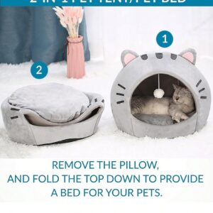 QWINEE Indoor Cat Bed Cave with Removable Cushion - Pet Plush Tent House Cartoon Ear Design Pet Bed with Pompom for Cats Kitten Dogs Puppy and Rabbit Grey S