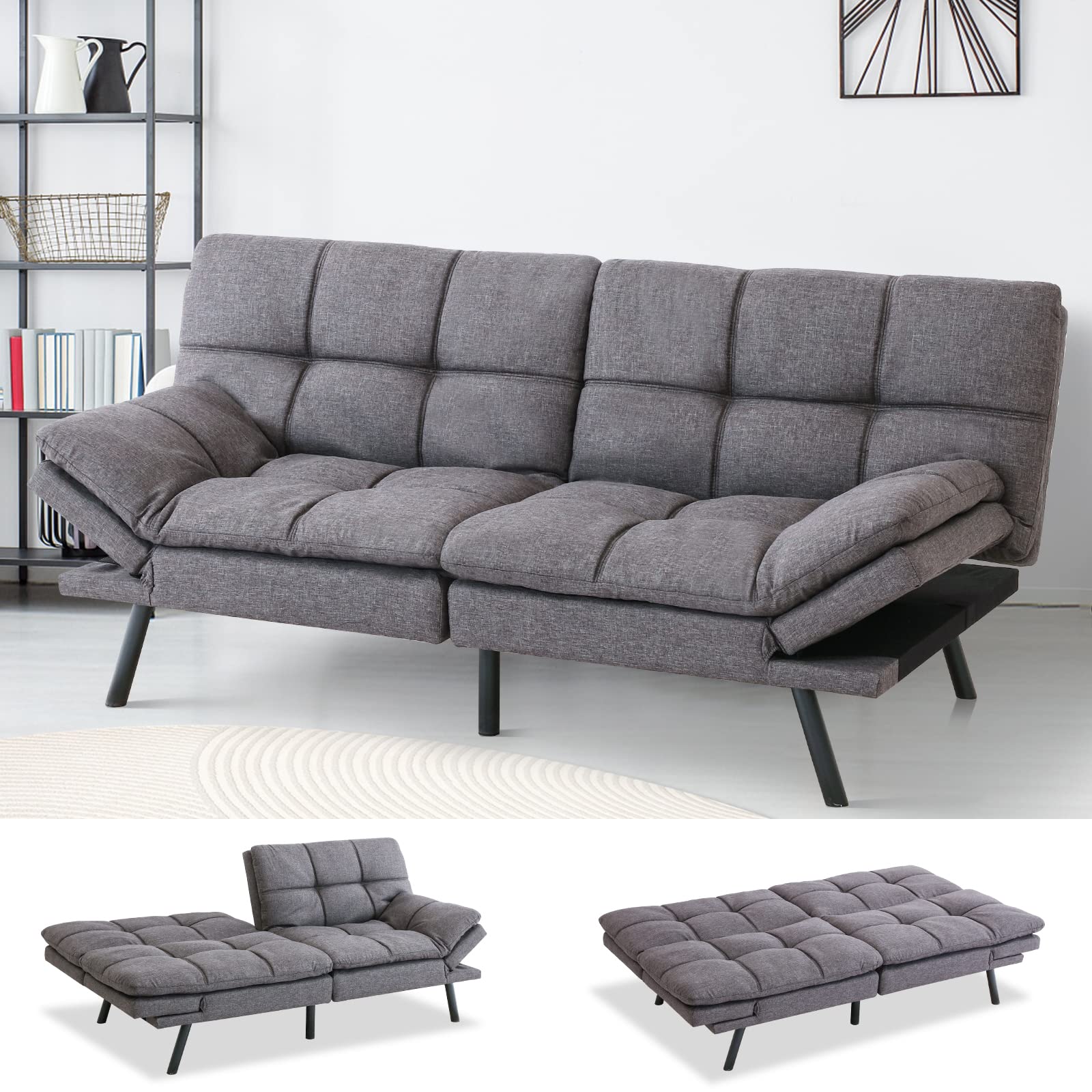 MUUEGM Convertible Futon Sofa Bed Memory Foam Futon Couch Bed Modern Leather Futon Sofa Couch Love Seat Sofa Sleeper Couch for Living Room,Office,Small Space,Adjustable Armrest&Backrest