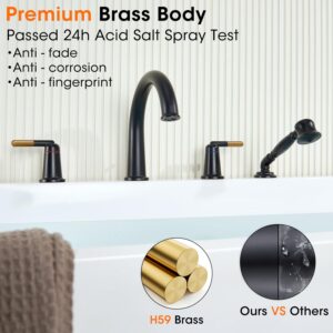 Wintap Black & Rose Gold Roman Bathtub Faucet Set with Hand Shower & Brass Valve Widespread Deck Mount 4 Hole High Flow Tub Faucets