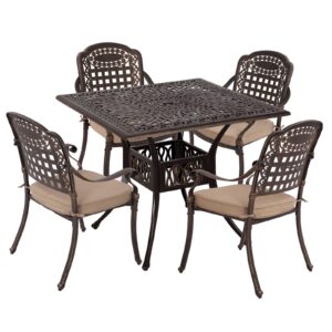 fklug 5 piece outdoor patio dining set cast aluminum patio furniture set conversation set for backyard garden deck poolside(1 square table and 4 lattice chairs w/khaki cushion)