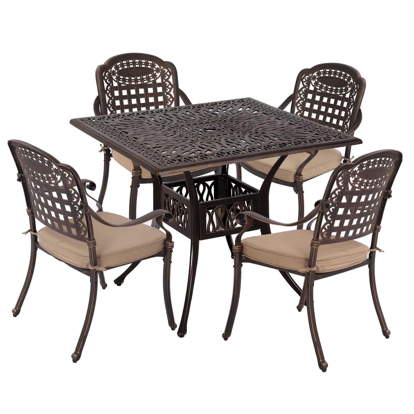 FKLUG 5 Piece Outdoor Patio Dining Set Cast Aluminum Patio Furniture Set Conversation Set for Backyard Garden Deck Poolside(1 Square Table and 4 Lattice Chairs W/Khaki Cushion)