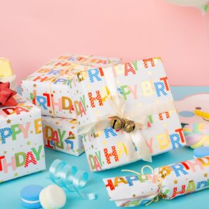 Merture Colorful Wrapping Paper Roll, Happy Birthday Gift Wrap - 17 In X 32.8 Ft - 1 Roll (46.5 sq.ft.ttl.) Foil Happy Birthday Lettering & Candles Wrapping Paper for Birthday, Baby Shower, Party