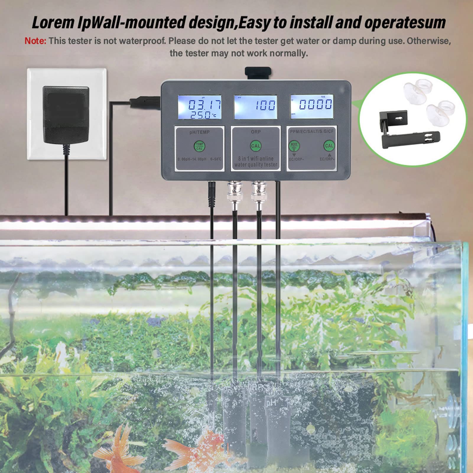 8 in 1 Water Quality Tester, S.G EC Salt ORP CF Temp, Online Monitor for Aquariums, Hydroponics, Labs (US Plug 110V)