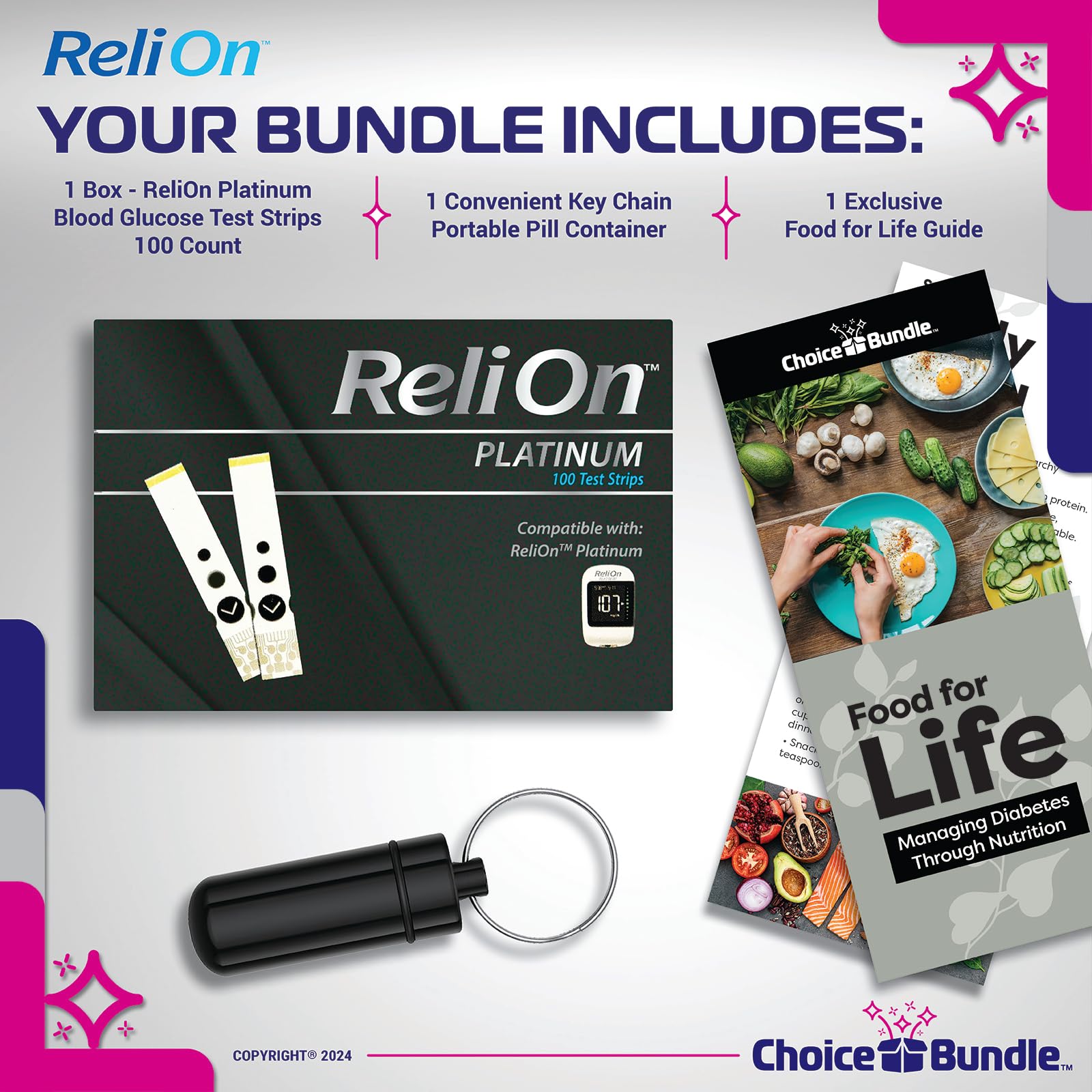 ReliOn Reli On Platinum Blood Glucose Test Strips 100 Ct Choice Bundle | Includes Food for Life Guide & Portable Pill Container (3 Items)!