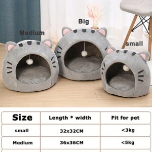 QWINEE Indoor Cat Bed Cave with Removable Cushion - Pet Plush Tent House Cartoon Ear Design Pet Bed with Pompom for Cats Kitten Dogs Puppy and Rabbit Grey S