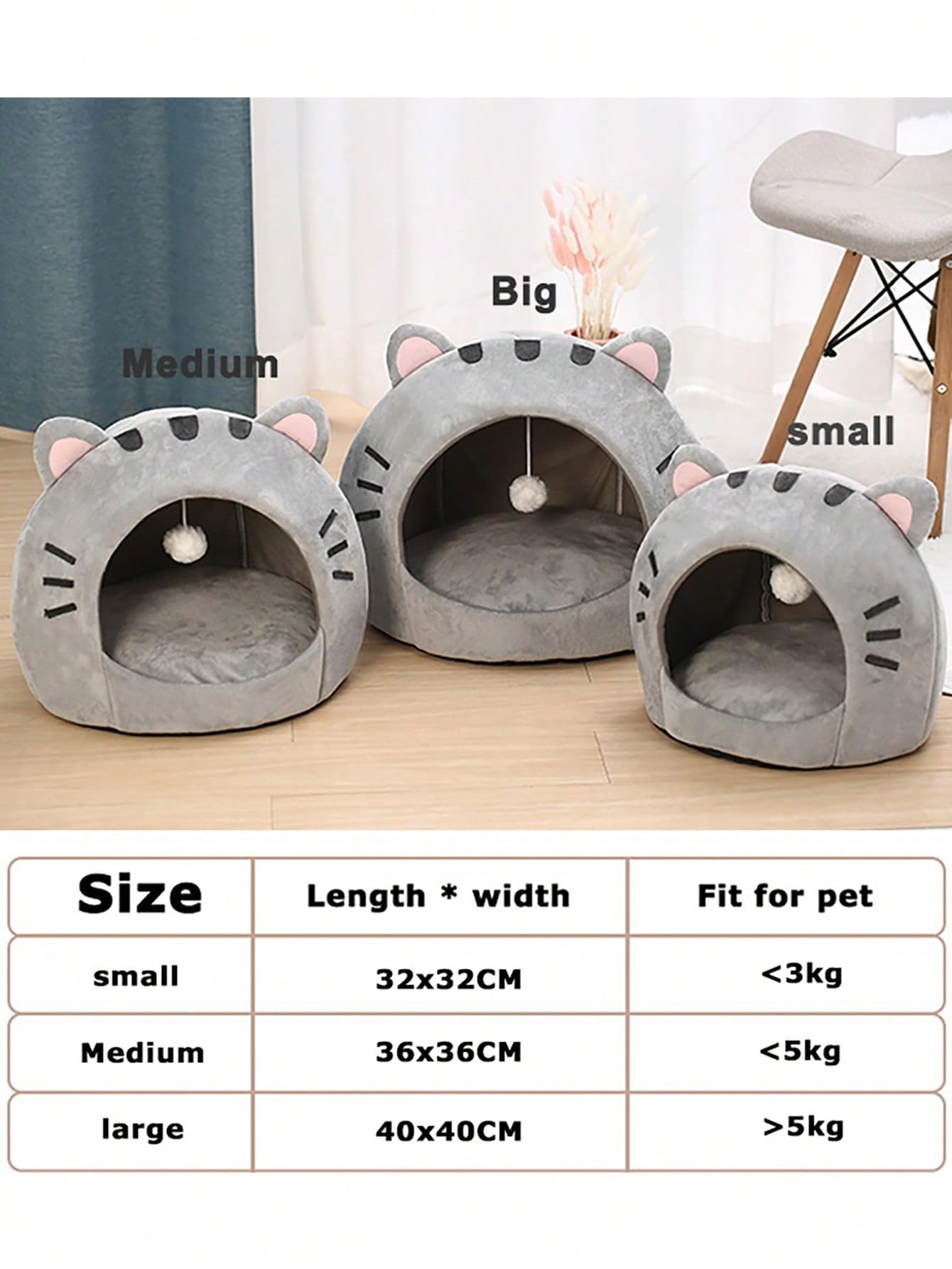 QWINEE Indoor Cat Bed Cave with Removable Cushion - Pet Plush Tent House Cartoon Ear Design Pet Bed with Pompom for Cats Kitten Dogs Puppy and Rabbit Grey S