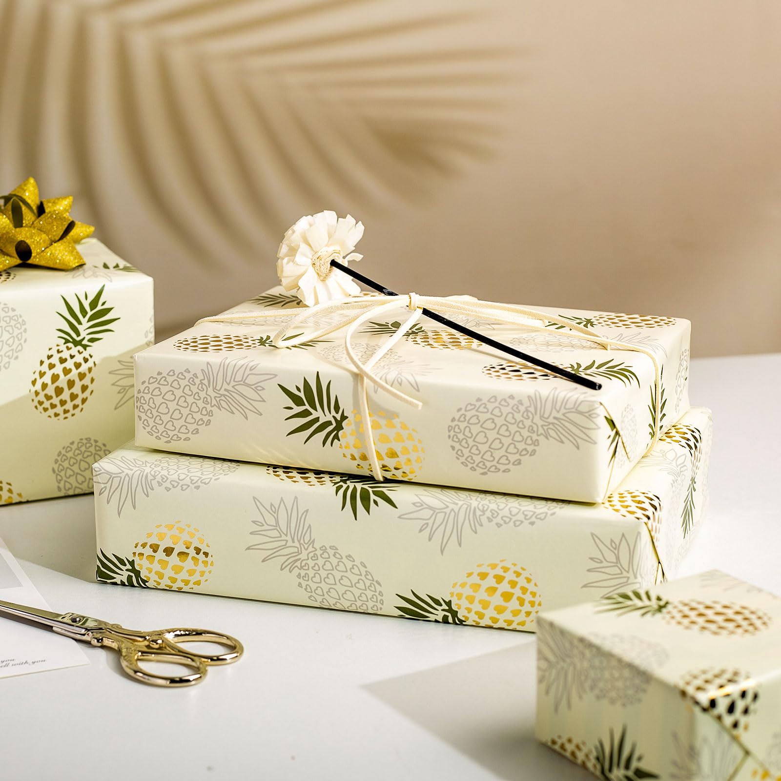 Garbendy Pineapple Wrapping Paper Roll - Gold Foil Design with Cut Lines for Birthdays, Holidays, Weddings, Baby Showers - 17" x33ft