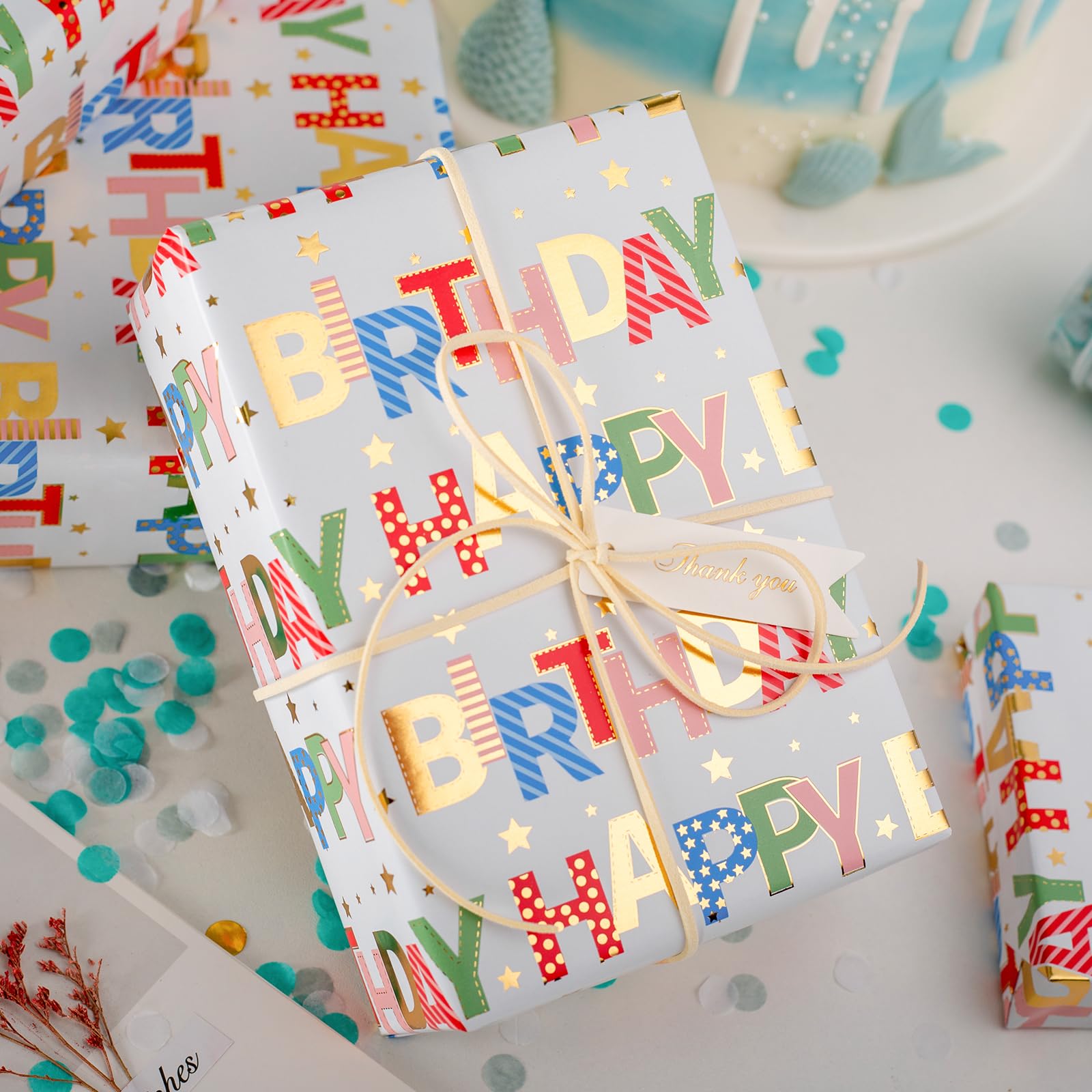 Merture Colorful Wrapping Paper Roll, Happy Birthday Gift Wrap - 17 In X 32.8 Ft - 1 Roll (46.5 sq.ft.ttl.) Foil Happy Birthday Lettering & Candles Wrapping Paper for Birthday, Baby Shower, Party