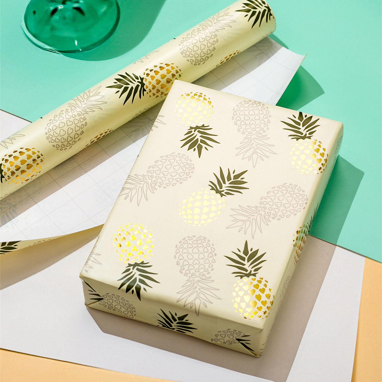 Garbendy Pineapple Wrapping Paper Roll - Gold Foil Design with Cut Lines for Birthdays, Holidays, Weddings, Baby Showers - 17" x33ft