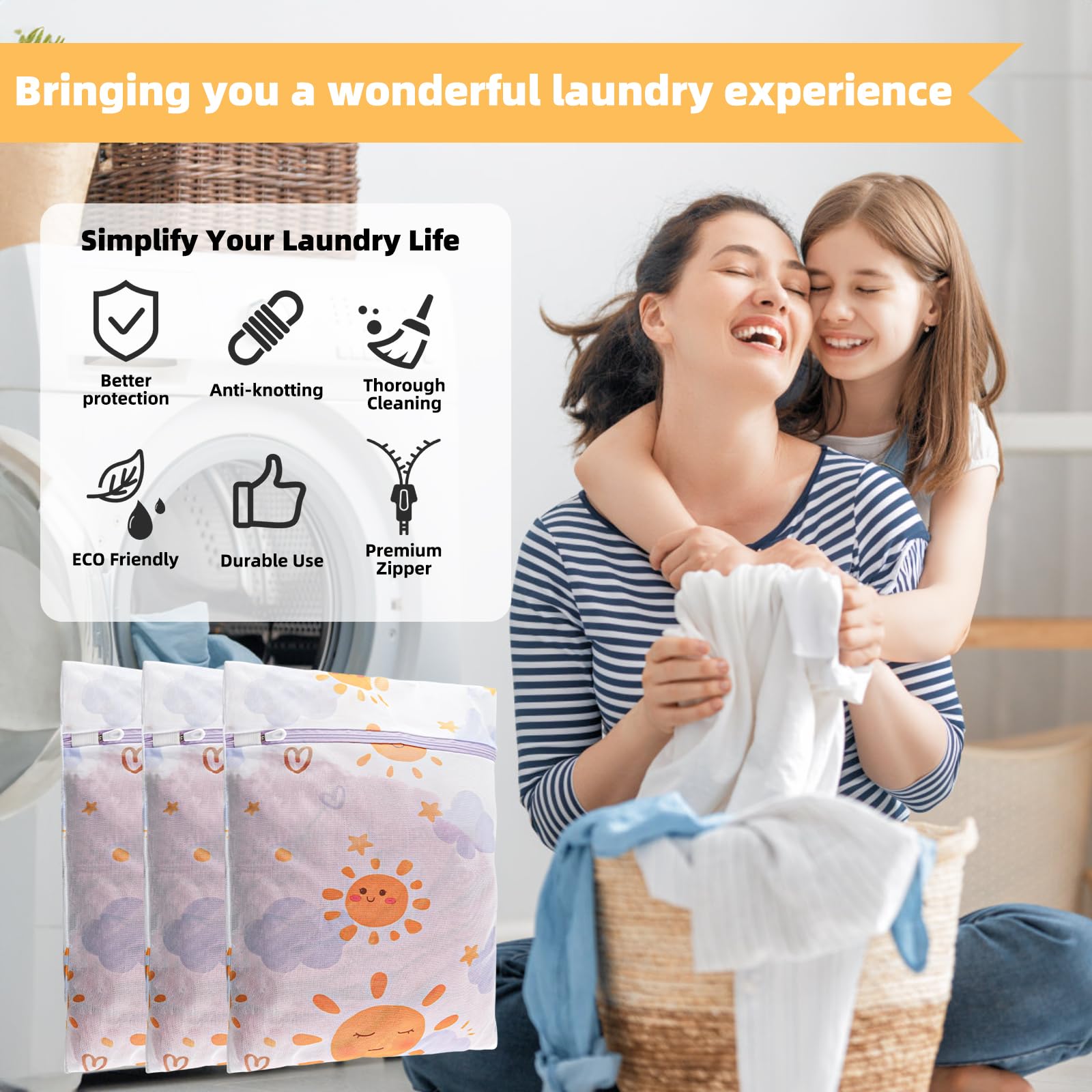 3Pcs Durable Mesh Laundry Bag, Durable Laundry Bags with Premium Zipper (Sunny)